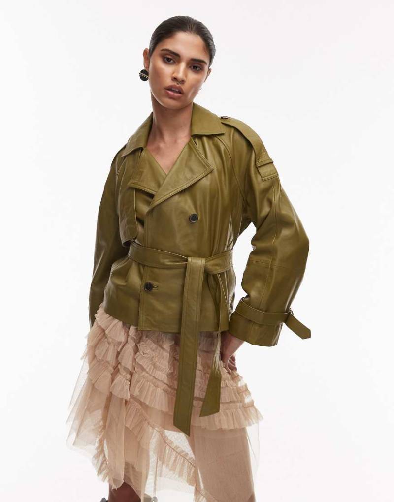 AllSaints - Reed - Lederjacke in Khaki mit Gürtel-Grün von AllSaints