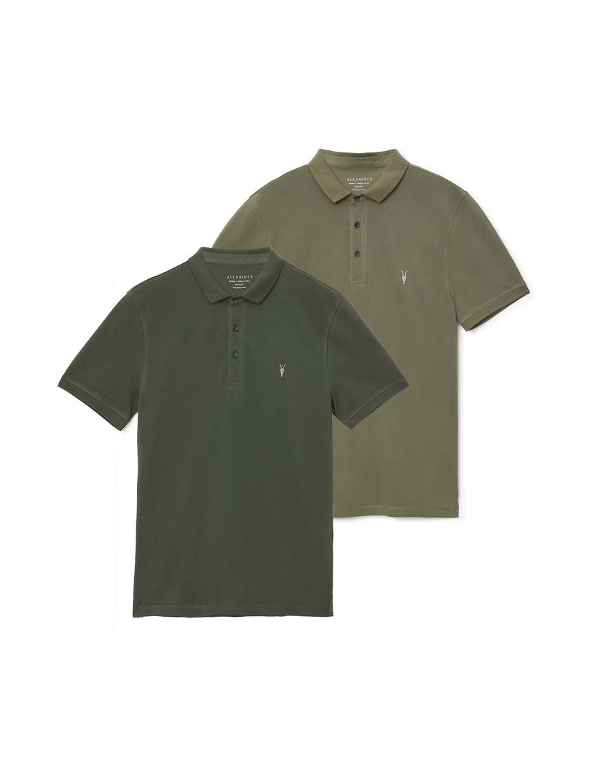 AllSaints - Reform - 2er-Pack kurzärmlige Polohemden in Grün/Seesackgrün-Bunt von AllSaints
