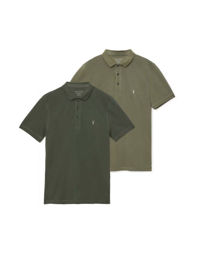 AllSaints - Reform - 2er-Pack kurzärmlige Polohemden in Grün/Seesackgrün-Bunt von AllSaints