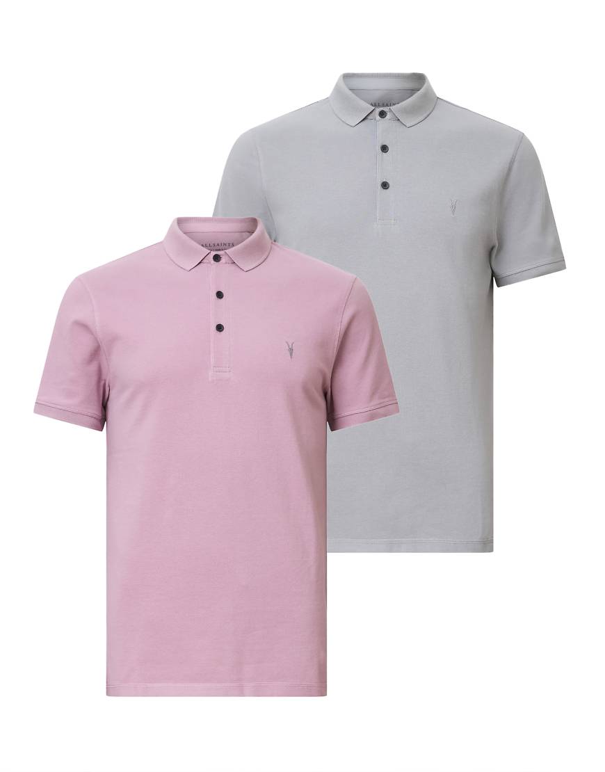 AllSaints - Reform - 2er-Pack kurzärmlige Polohemden in Maschinengrau/Grün-Bunt von AllSaints