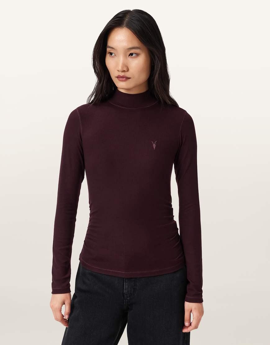 AllSaints - Rina - Langärmliges Oberteil in Ochsenblutrot mit Rollkragen von AllSaints