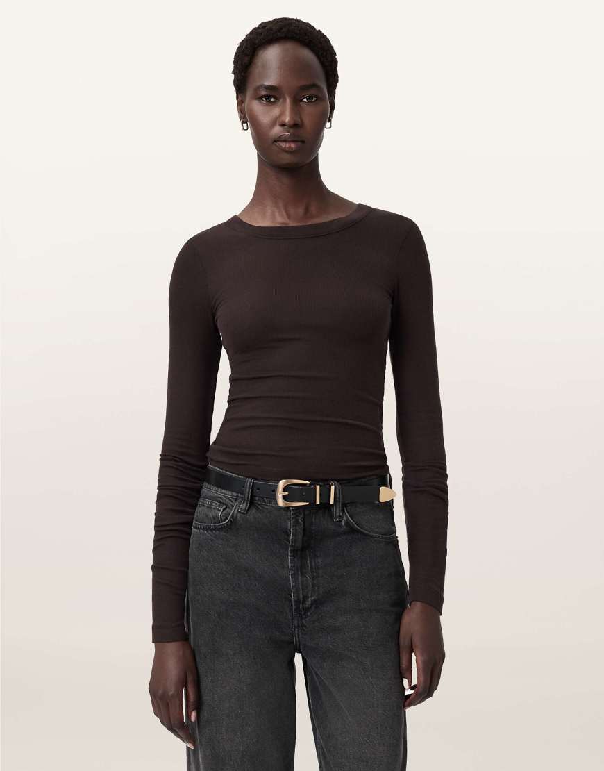 AllSaints - Rina - Langärmliges Oberteil in Torte-Braun mit Rundhalsausschnitt-Brown von AllSaints