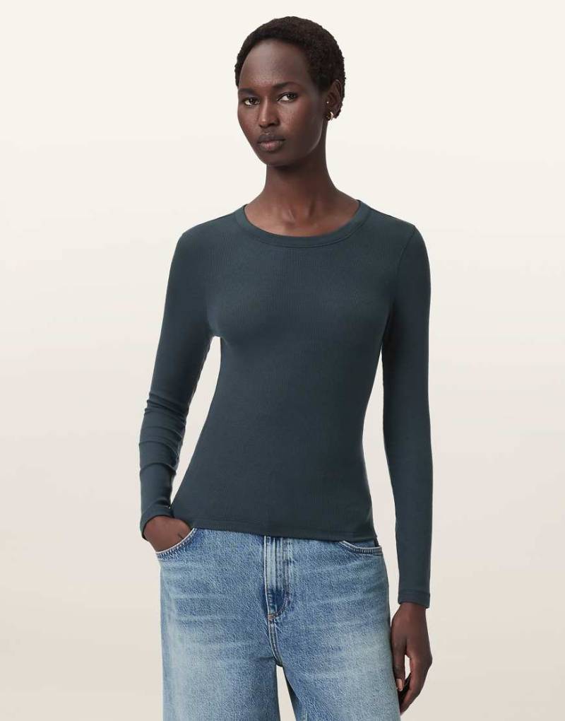 AllSaints - Rina - Langärmliges Oberteil in dunklem Schieferblau mit Rundhalsausschnitt von AllSaints