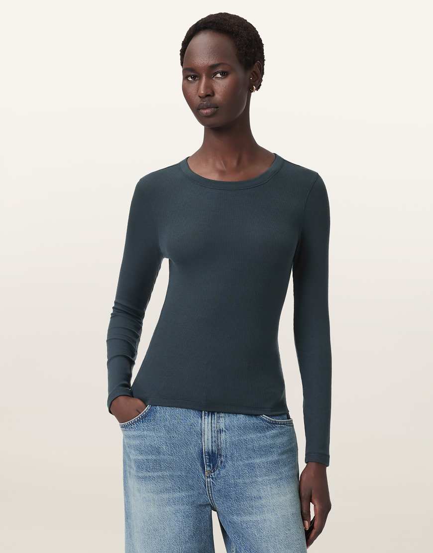 AllSaints - Rina - Langärmliges Oberteil in dunklem Schieferblau mit Rundhalsausschnitt von AllSaints