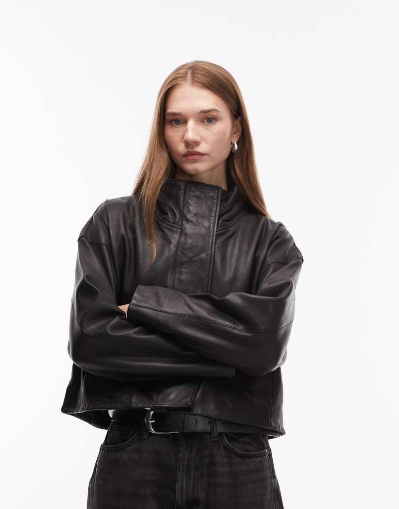 AllSaints - Ryder - Jacke aus Leder in Schwarz mit Stehkragen von AllSaints