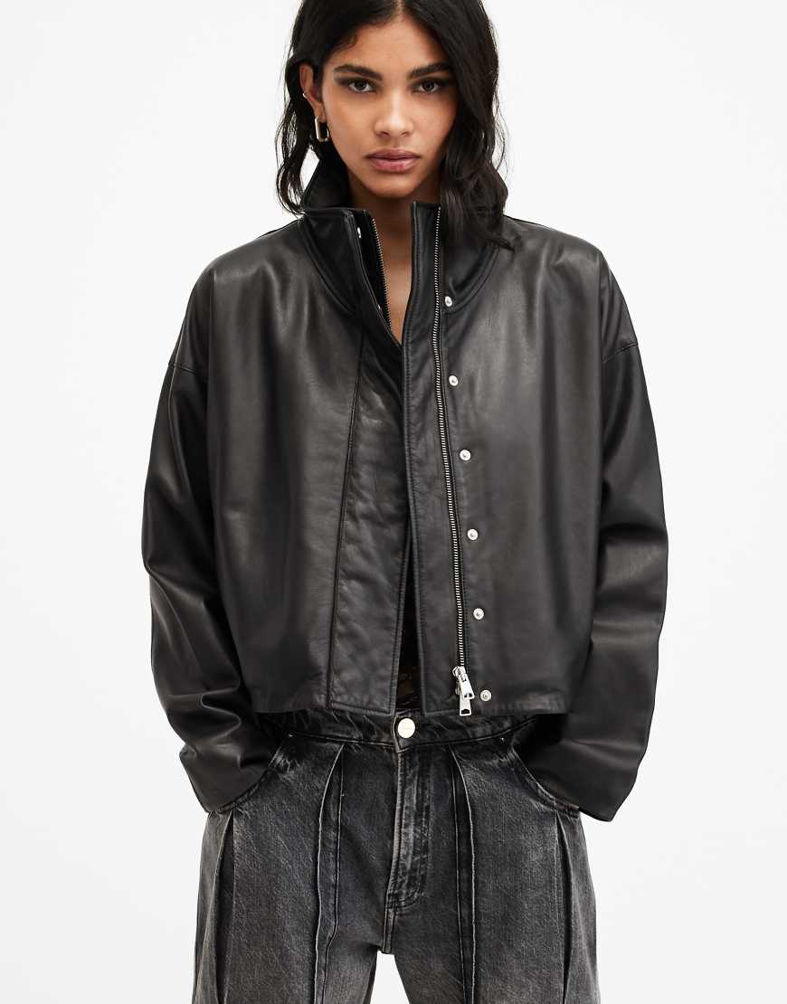 AllSaints - Ryder - Locker geschnittene Lederjacke in Schwarz von AllSaints