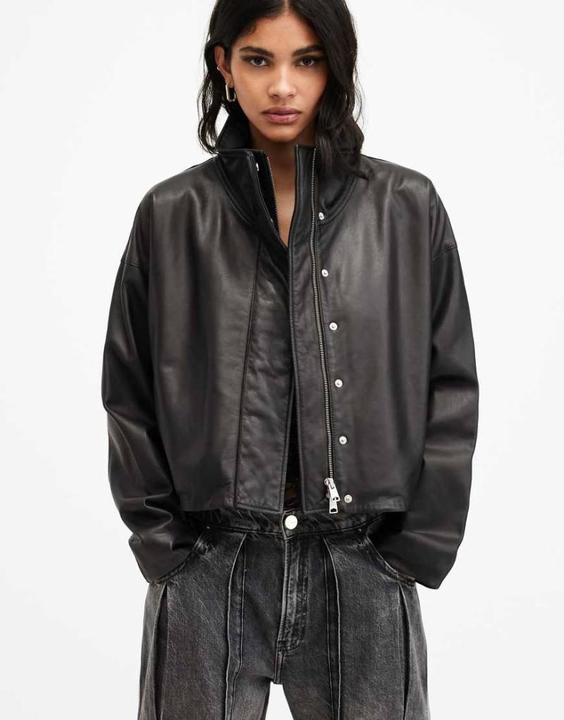 AllSaints - Ryder - Locker geschnittene Lederjacke in Schwarz von AllSaints