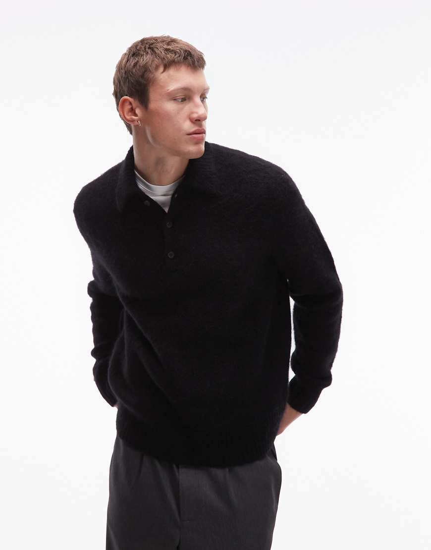 AllSaints - Sonny - Langärmliges Polo-Oberteil aus Strick in Schwarz von AllSaints