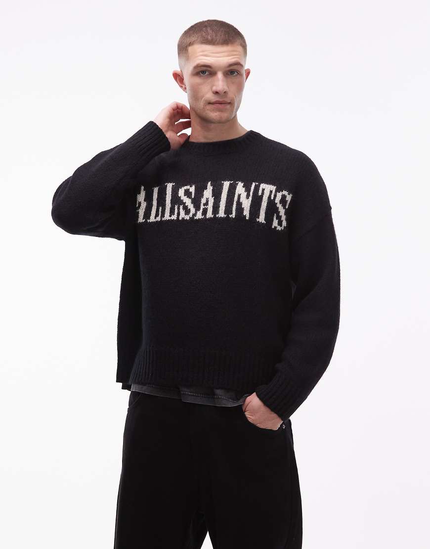 AllSaints - Strickpullover in Schwarz mit kritzeligem Logo von AllSaints