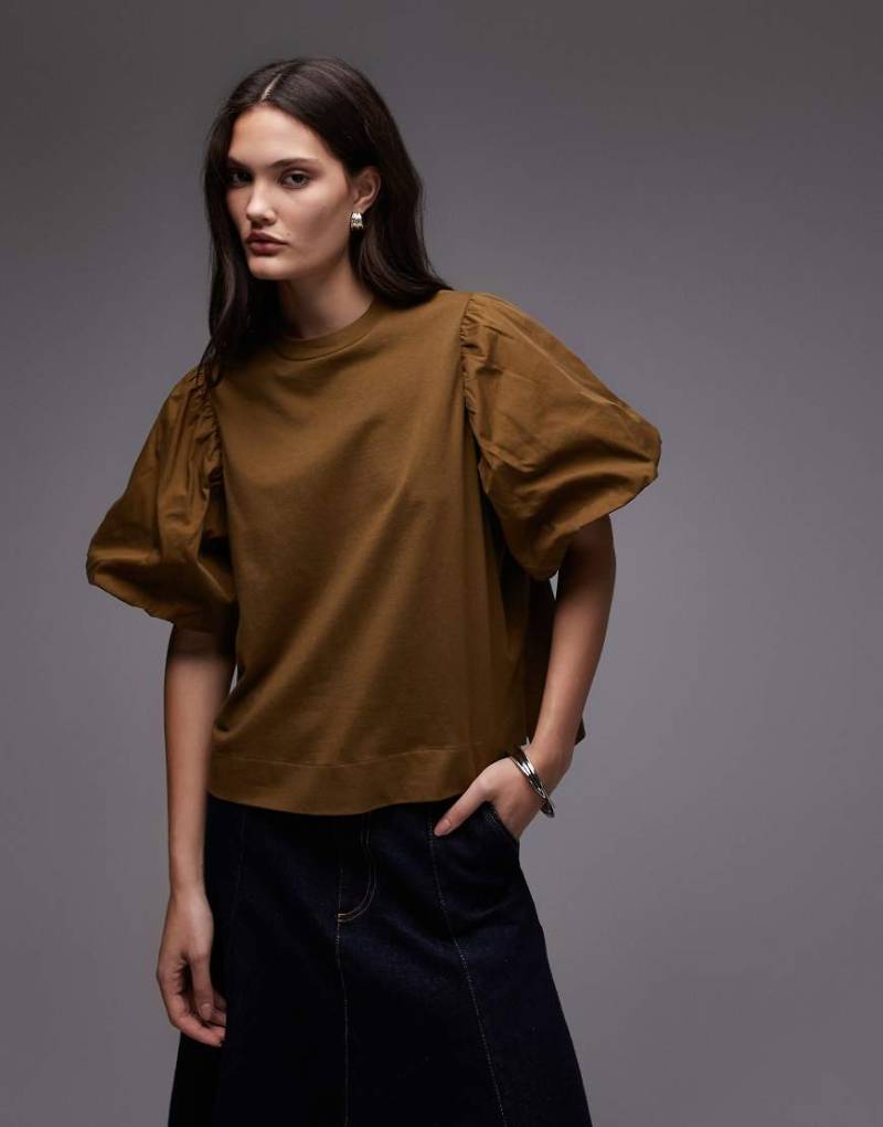 AllSaints - T-Shirt in Braun mit Puffärmeln-Grün von AllSaints