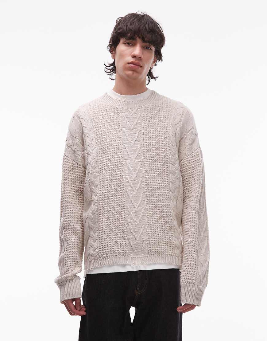AllSaints - Tenter - Strickpullover in Cremeweiß mit Rundhalsausschnitt und Zopfmuster von AllSaints