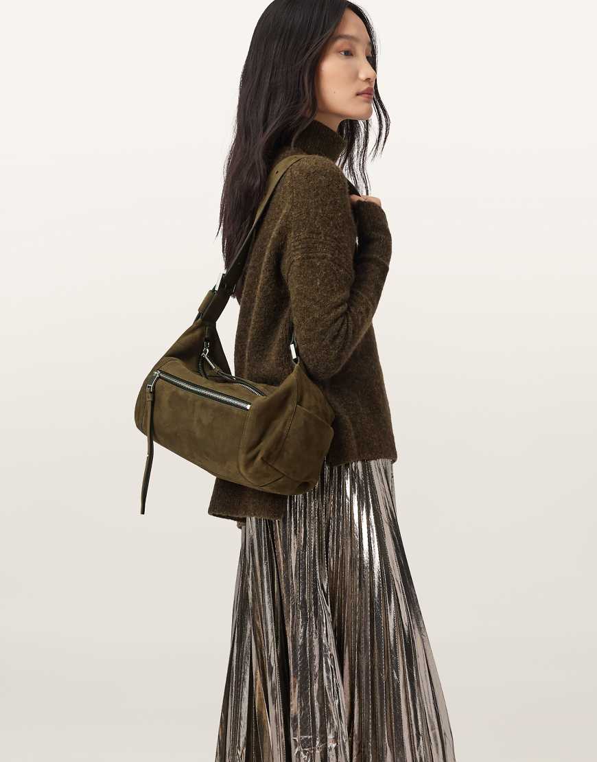 AllSaints - Vega - Schultertasche aus Wildleder in Olivgrün von AllSaints