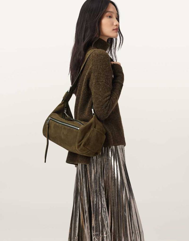 AllSaints - Vega - Schultertasche aus Wildleder in Olivgrün von AllSaints