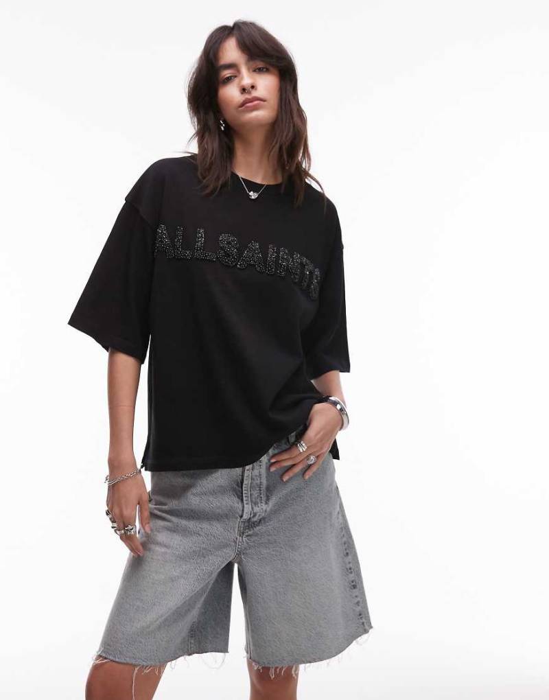 AllSaints - Amelie - T-Shirt in Schwarz mit Perlendetails von AllSaints
