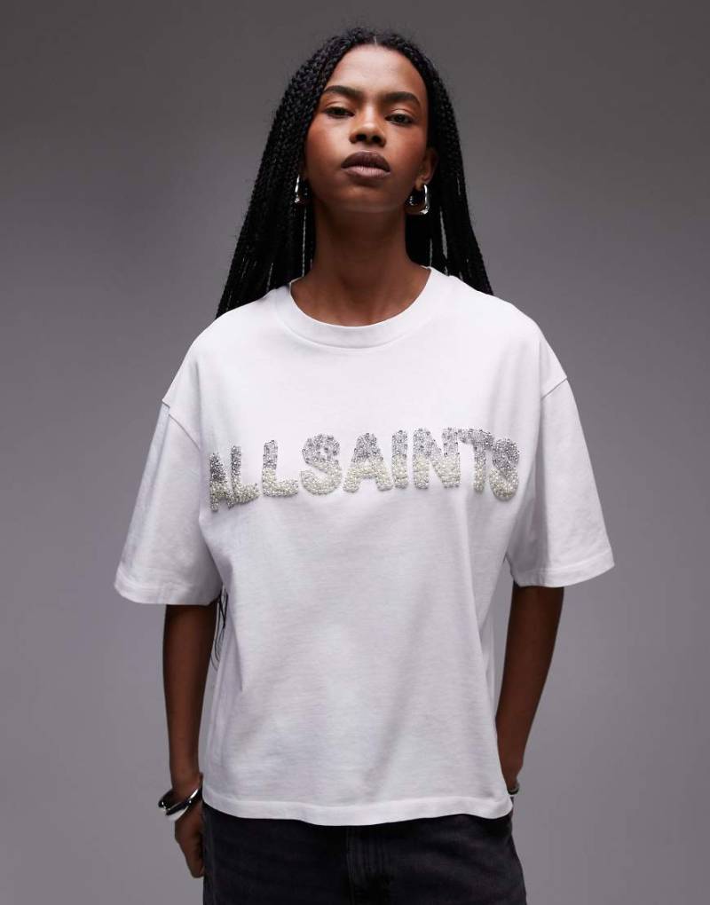 Allsaints - Amelie - T-Shirt in optischem Weiß mit Perlen-Logo von AllSaints