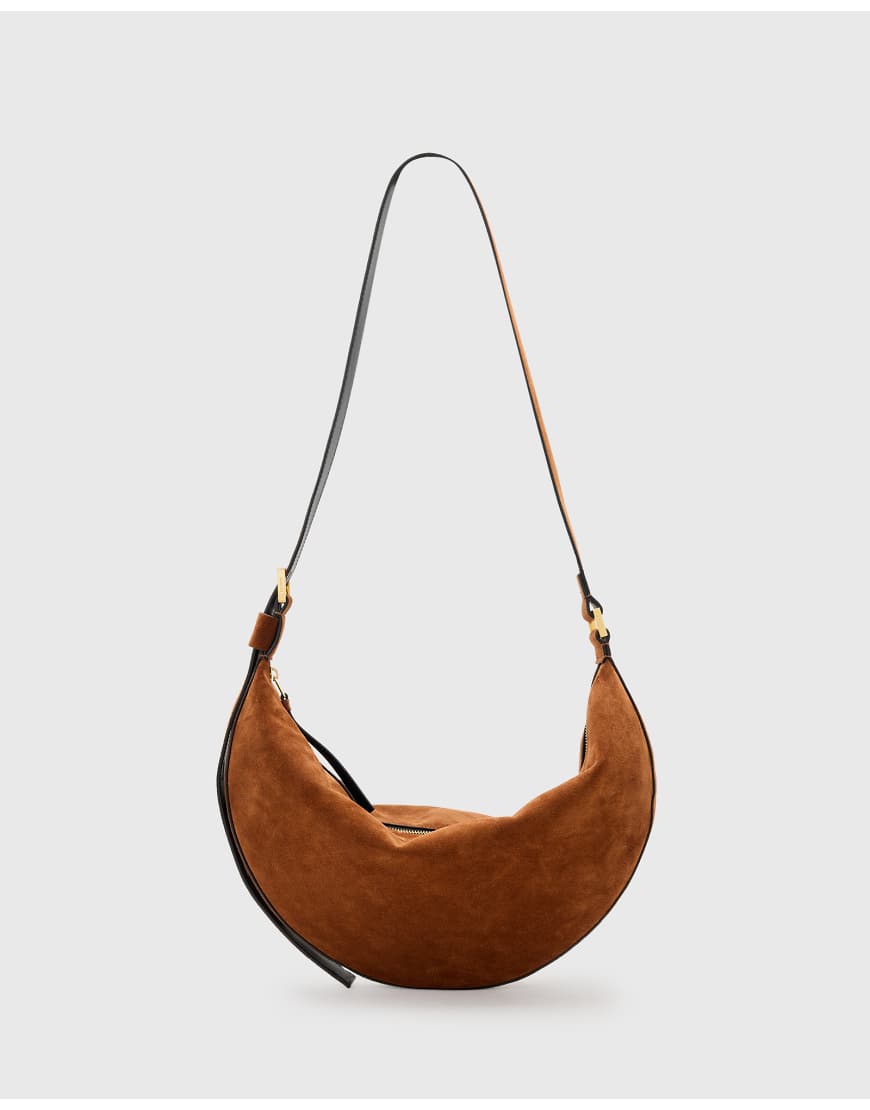 Allsaints - Halbmondförmige Schultertasche aus Wildleder in Cognac-Braun Allsaints - Halbmondförmige Schultertasche aus Wildleder in Cognac-Braun von AllSaints