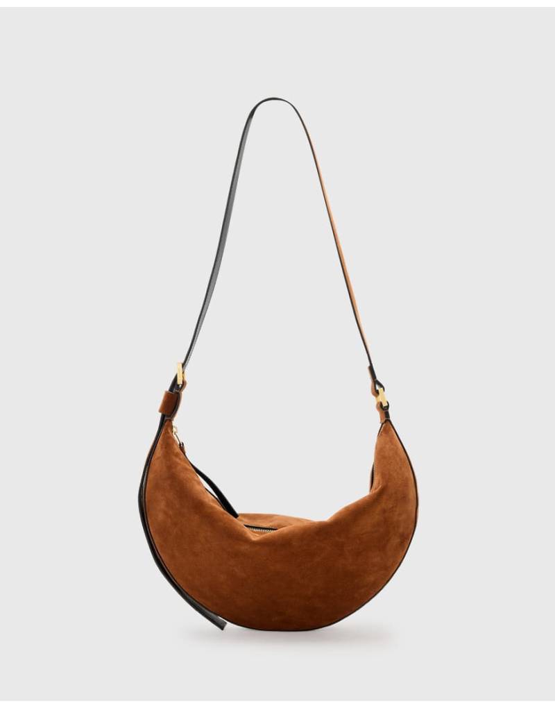 Allsaints - Halbmondförmige Schultertasche aus Wildleder in Cognac-Braun von AllSaints