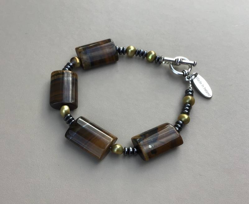 Tigerauge, Hämatit Und Süßwasserperlen Armband von AllThatGlistersGifts
