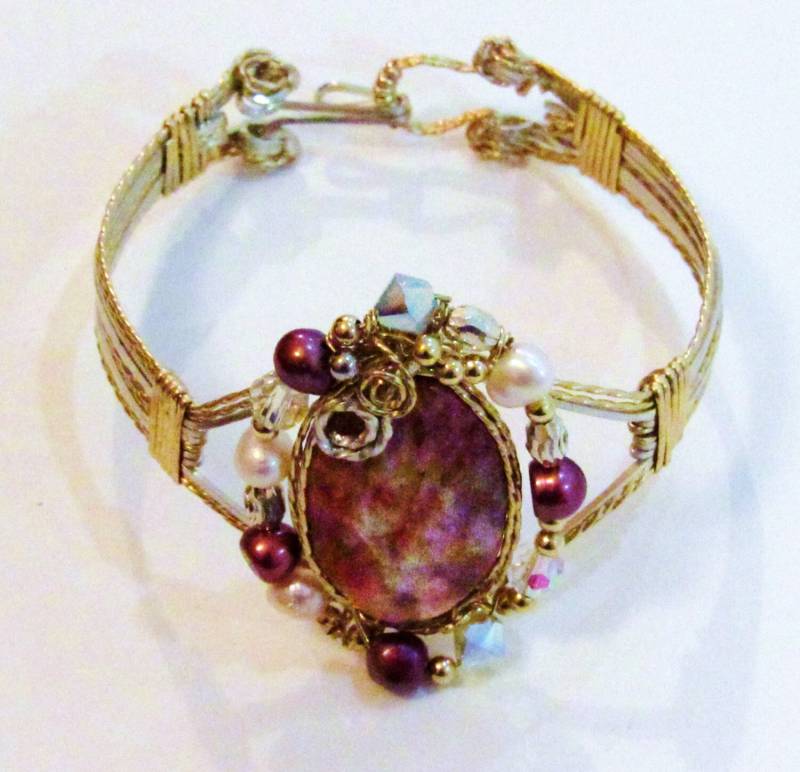 14K Gold Filled Mit Argentium Sterling, Swarovski , Naturalstone | Jaspis, Pearl Chevron Draht Armband, 14K Goldfill Und Sterling Mix von AllThatJazzJewelryCG