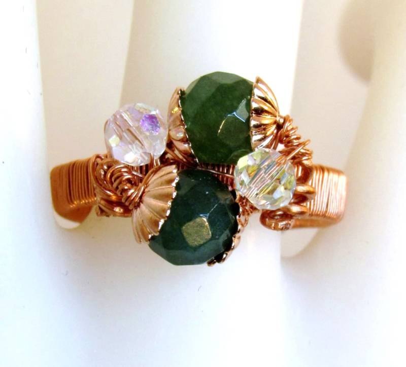 Ausverkauf Grüner Onyx Ring, Natürliches Kupfer, Swarovski Klare Kristalle, Draht Gewickelt, Größe 7 Boho Schmuck, Ring von AllThatJazzJewelryCG