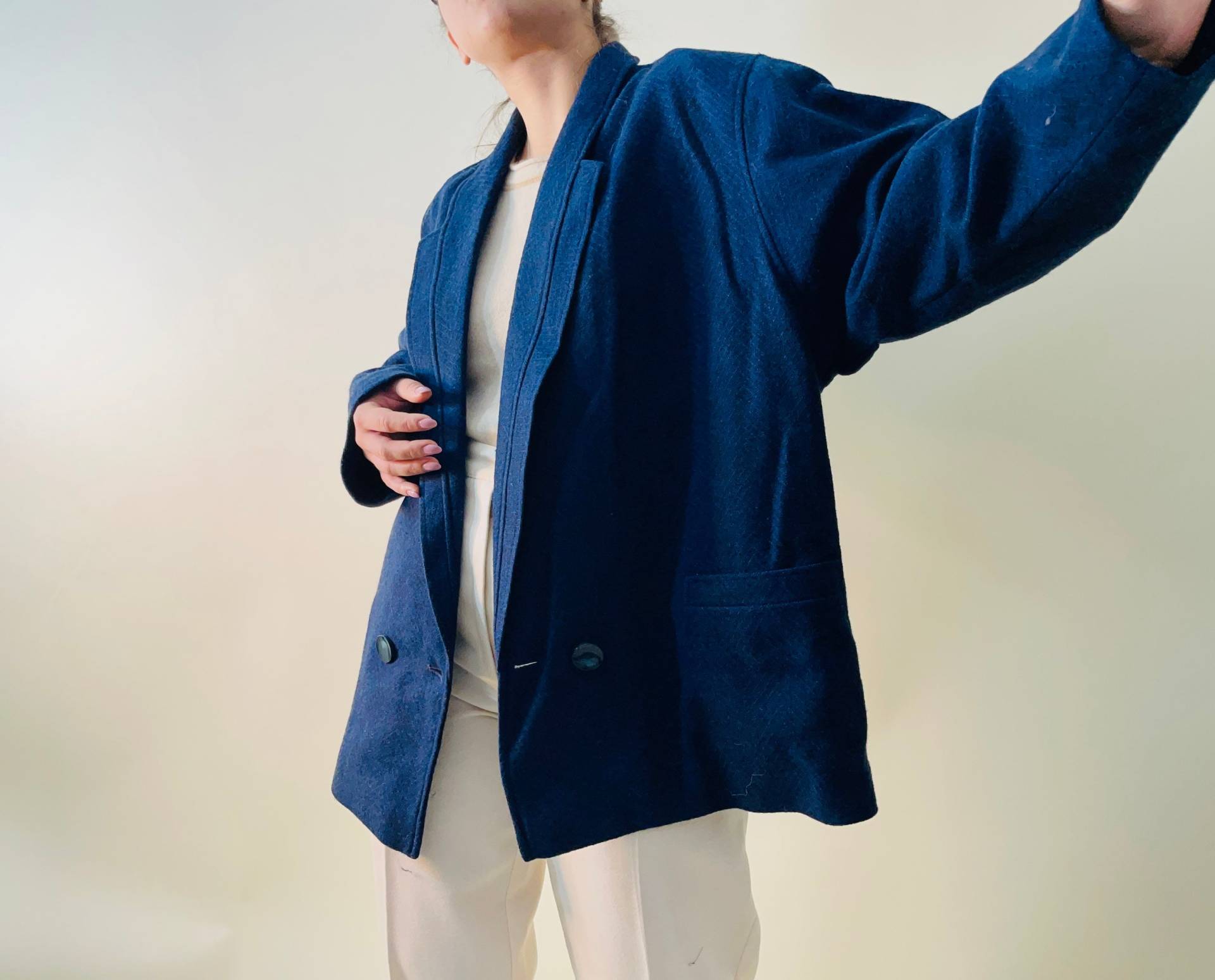 Vintage Oversized Blazer Aus Wolle, Marineblaue Wolljacke von AllTheVintageLovers