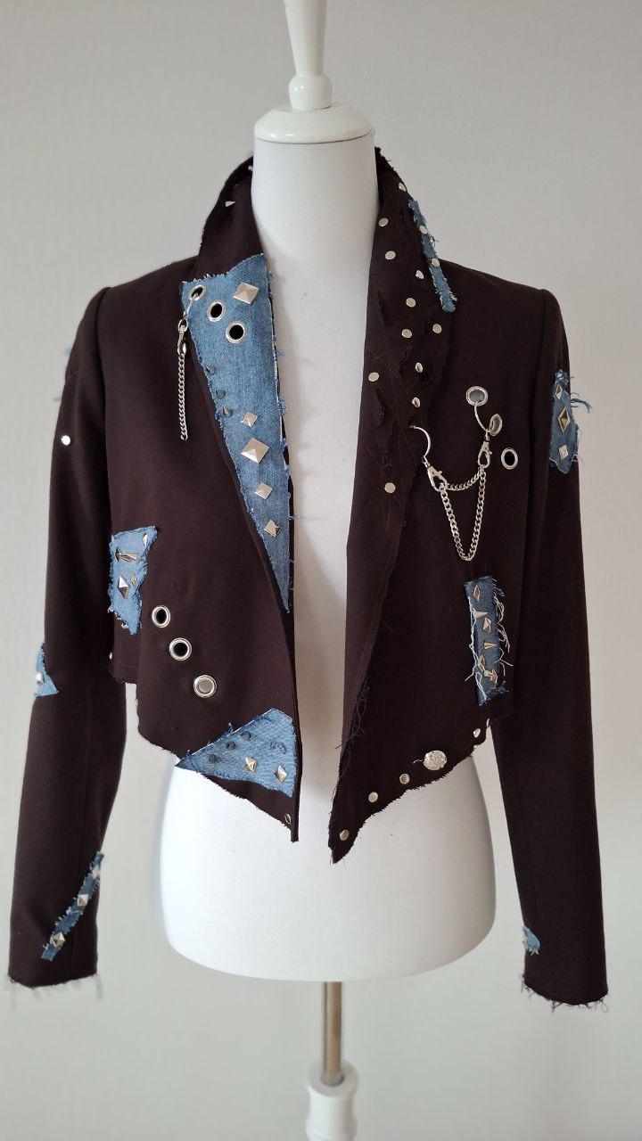 Cropped Punk Blazer With Chains, Studs & Denim - Edgy Handmade Statement Jacket By Alla Kovtun von AllaKovtun