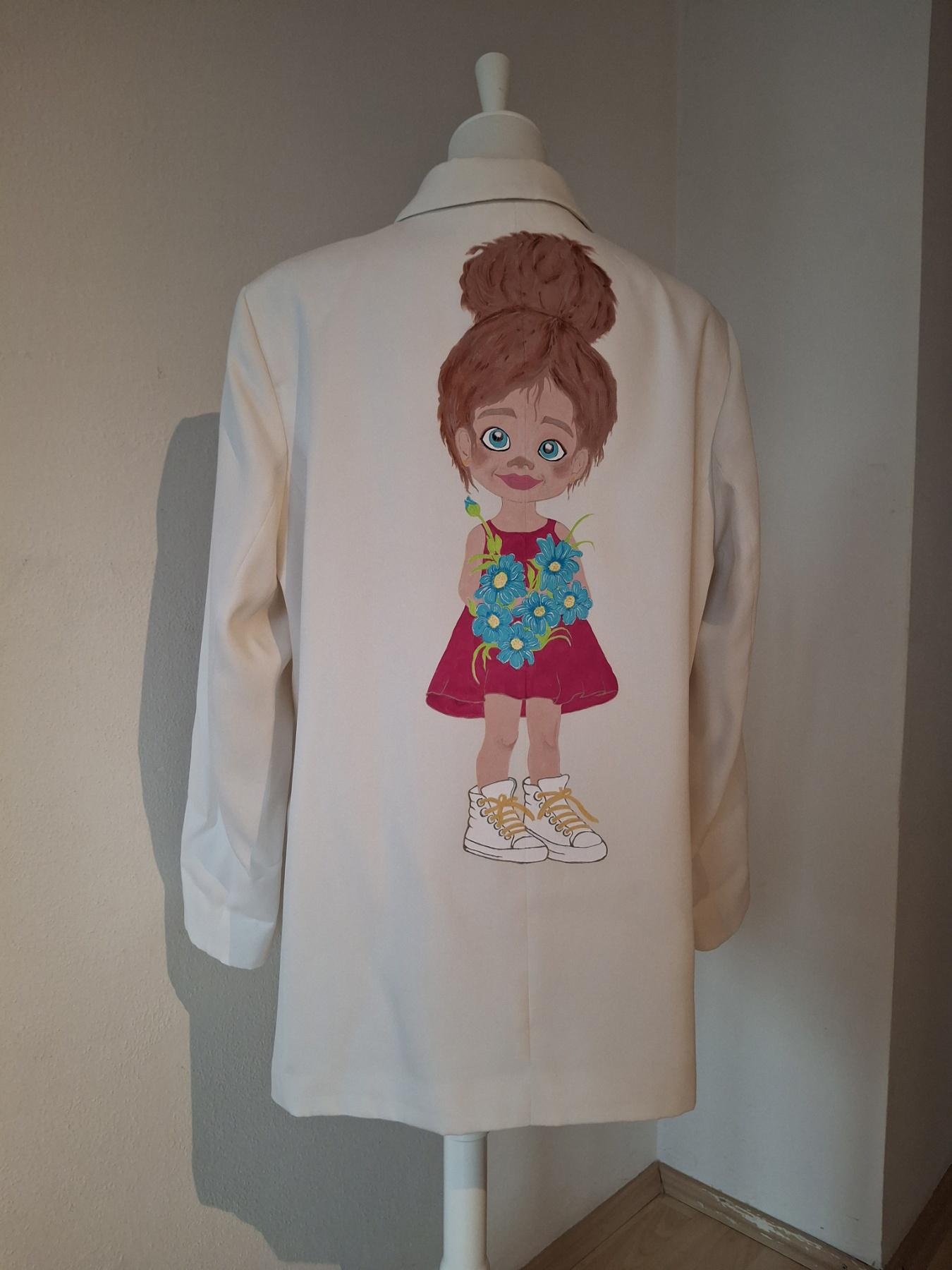 Hand-Painted Blazer "Little Girl With Flowers" By Alla Kovtun | Whimsical Art Jacket One Of A Kind Cute Fashion Statement von AllaKovtun