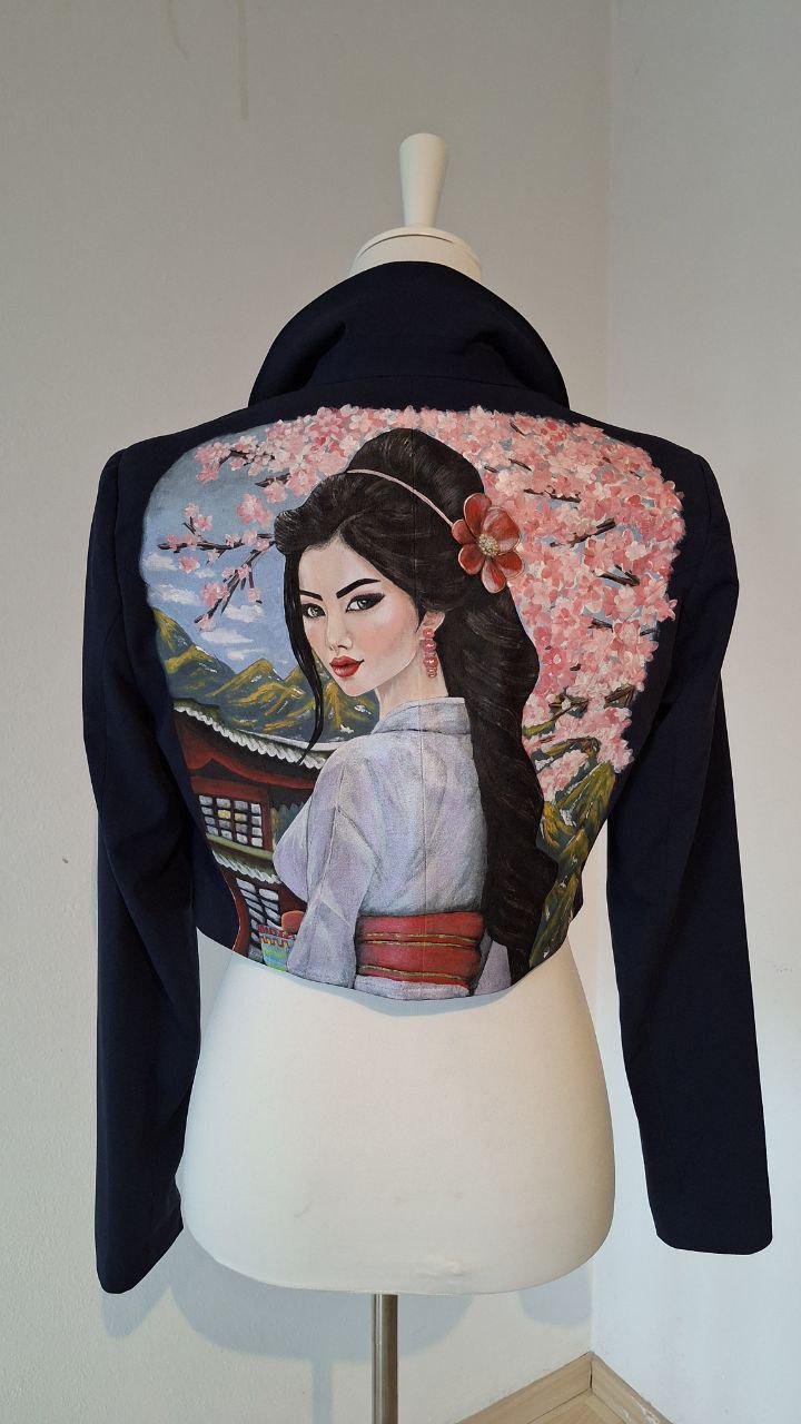 Hand-Painted Blazer "Spring in Kyoto" With Geisha Art | Collectible Wearable By Alla Kovtun von AllaKovtun