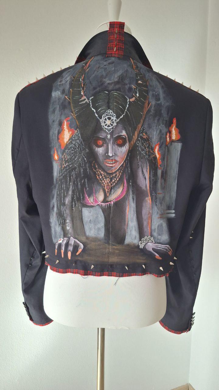 Hand Painted Gothic Punk Jacket - Black Studded Blazer With Red Plaid von AllaKovtun