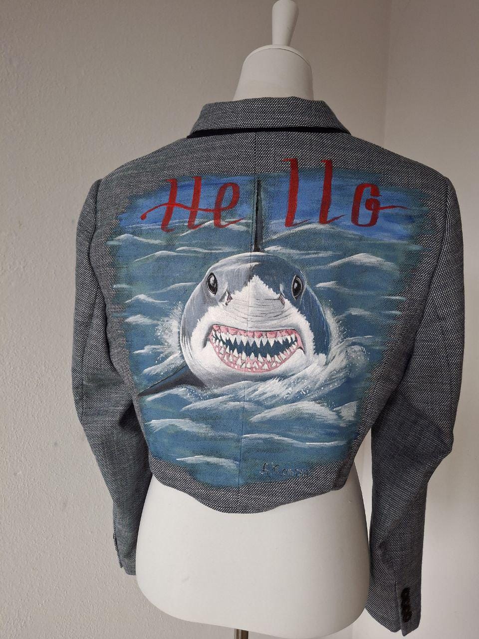 Hello Shark Art Blazer - Hand-Painted Cropped Jacket | Artistic Fashion By Alla Kovtun von AllaKovtun