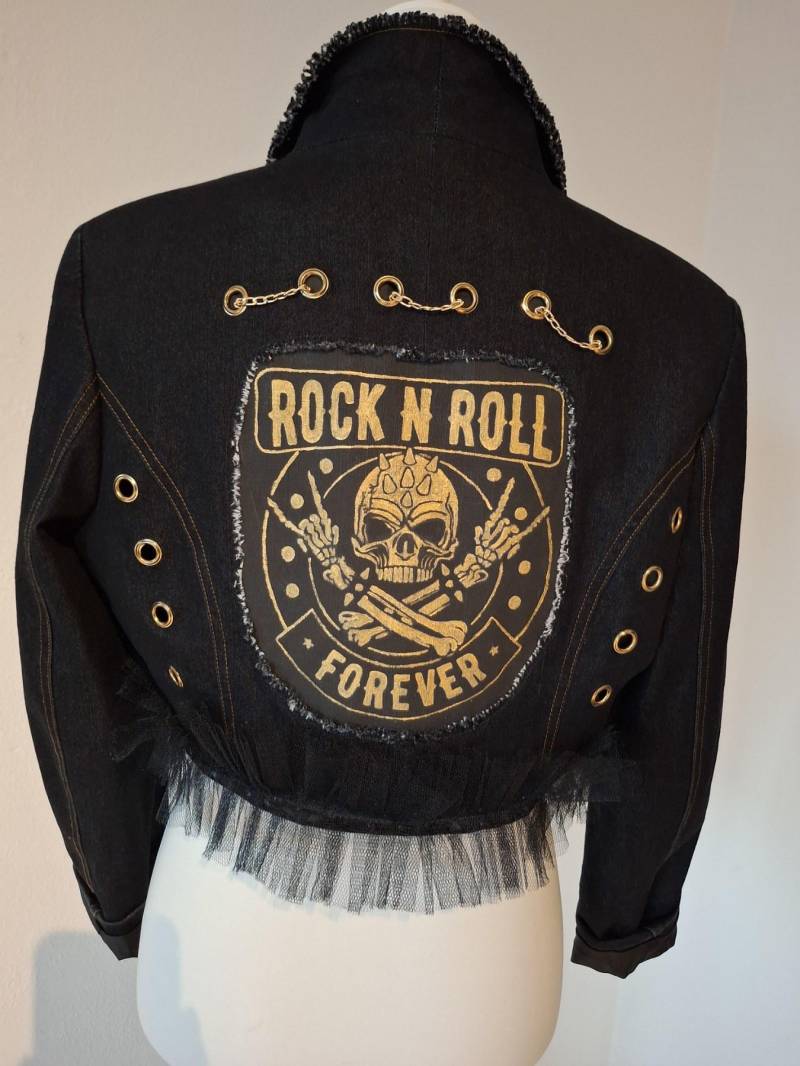 Rock'n'roll Forever Cropped Denim Blazer - Punk Art Jacket With Gold Accents | Collectible Designer Piece By Alla Kovtun von AllaKovtun