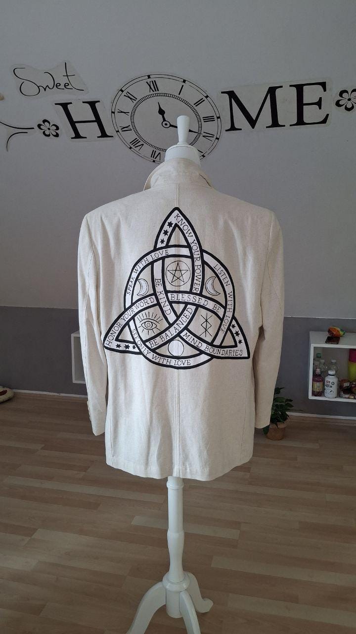Sacred Symbol Blazer By Alla Kovtun | Hand-Painted Linen Jacket With Triquetra & Spiritual Affirmations One Of A Kind Artwear von AllaKovtun