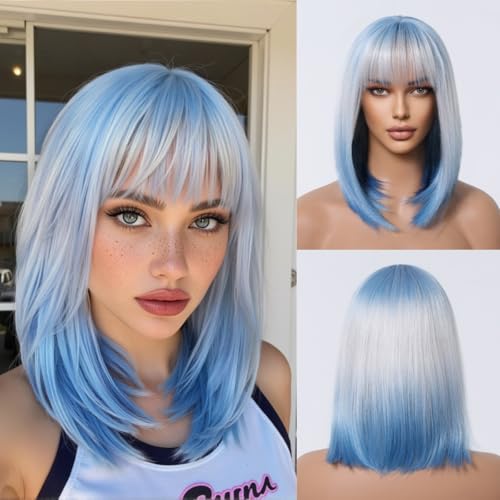Albell Perücke Damen Blaue Weiße Perücke für Frauen kurze Bob Perücke mit Pony Cosplay Party Perücke von Allbell