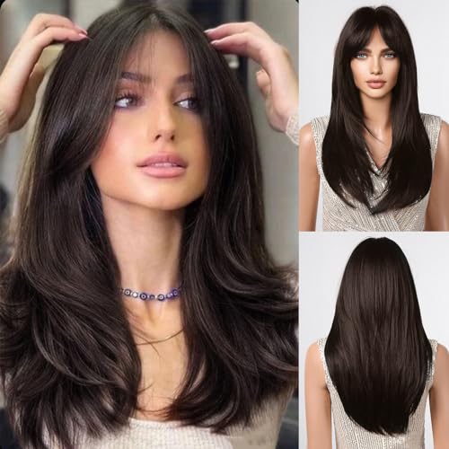 Allbell Lange Schichten dunkelbraune Perücken mit Vorhang Bangs Hitzebeständige natürliche Syntehtic Perücken für Frauen von Allbell