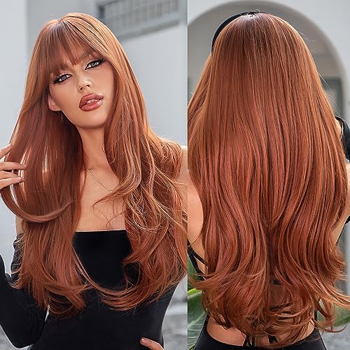 Allbell Long Wavy Ginger Perücke Damen mit Pony Rot Braune Perücke Hitzebeständig Synthetische Faser Wig für den Täglichen Gebrauch Party von Allbell