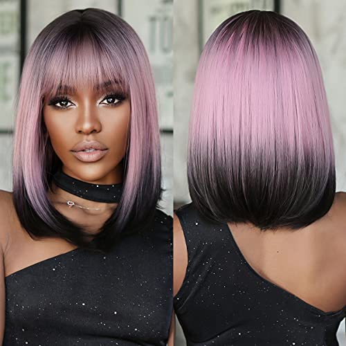 Allbell Schwarz Rosa Ombre Bob Perücken für Frauen Kurze Gerade Perücken mit Bangs Cosplay Party Natürlich aussehende Haarersatz von Allbell