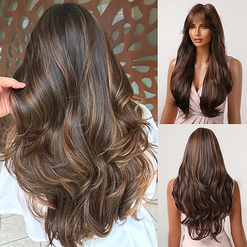 Allbell Lange Braun Lockige Perücken für Schwarze Frauen Gemischt Rot mit Bangs Synthetische Perücke für den täglichen Gebrauch von Allbell