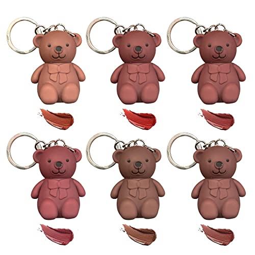Süßer Bären Lippenstifte Schlüsselanhänger, 2 in 1 Lipgloss Schlüsselanhänger aus mattem Samt, tragbarer, wasserdichter Bären-Schlüsselanhänger, Lippenstift-Make-up für Frauen (6PCS) von Allbestaye