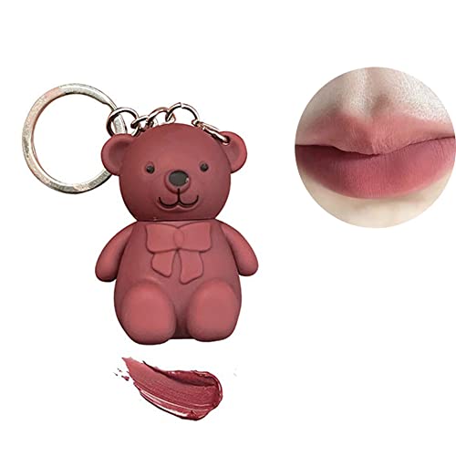 Süßer Bären Lippenstifte Schlüsselanhänger, 2 in 1 Lipgloss Schlüsselanhänger aus mattem Samt, tragbarer, wasserdichter Bären-Schlüsselanhänger, Lippenstift-Make-up für Frauen von Allbestaye