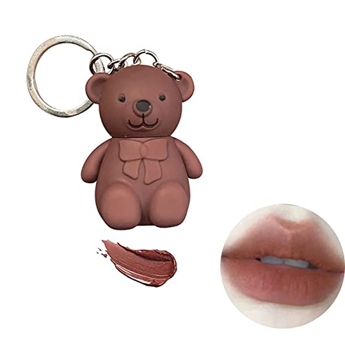 Süßer Bären Lippenstifte Schlüsselanhänger, 2 in 1 Lipgloss Schlüsselanhänger aus mattem Samt, tragbarer, wasserdichter Bären-Schlüsselanhänger, Lippenstift-Make-up für Frauen von Allbestaye
