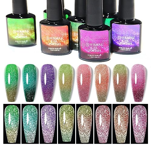 Thermo Effekt Nagellack Temperaturwechsel, Gel Nagellack Farbwechsel Uv Gel Nail Art, Thermo Farbgel Chamäleon Nagelgel, Temperature Change Nail Polish Fairy Color Gradient Nails (8 Pcs Set) von Allbestaye