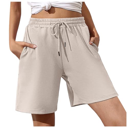 Allbestop Damen Kurze Hosen Sommer Einfarbig Strand-Shorts Leinenhose Stoffhose Kurz Elastische Taille Gerades Bein Sommerhose Stoffhose Wanderhose Kurz Damen Mit Tunnelzug Und Taschen L von Allbestop