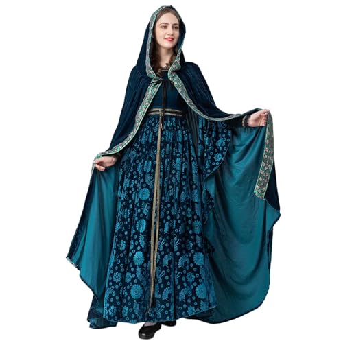 Allbestop Damen Langarm Spitze O Hals 2pices Set Cosplay Retro Kleid Tolles Maxi Vintage für Cosplay Kleid mit Umhang Sommerliche Gothic-Kleidung (Blue-6, XL) von Allbestop