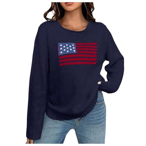 Allbestop Damen Pullover Tops Langarm Flagge USA Strick Sweatshirt Memorial Day Lose Shirts Pullover Für Damen (Blue, L) von Allbestop