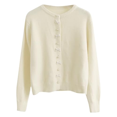 Allbestop Frühling und Schleife Perlenknopf Pullover Damen High-End koreanischen sanften Wind hellgelbe Strickjacke Rundhals Damen Strickjacke Schwarz (White, One Size) von Allbestop