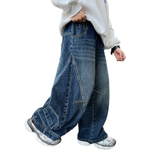 Allbestop Jungen Baggy Jeans Löchern Jungs Straight Jeanshose Kinder Frühling-Herbst Denimhose Baggy Weites Bein Vintage Hosen Lockere Passform Streetwear Elastischer Bund 160 von Allbestop