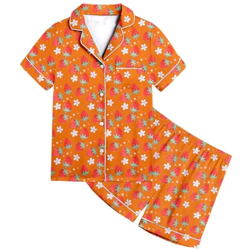 Allbestop Knopf Schlafanzug Mädchen Pyjama Kinder Kurze Schlafanzughose & Kurzärmliges Oberteil Mit Kragen & Knopfleiste Mädchen Pyjama Set Satin Schlafanzug Jungen Nachthemd Loungewear Pajamas von Allbestop