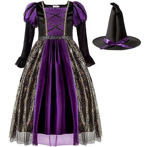 Allbestop Kostüm Hexe Kinder Halloweenkostüme Für Kinder Halloween-Hexenkleid Mit Hut Tütü Hexen Verkleidung Set Für Halloween Mädchen Kleid Karneval Cosplay Kostüme Mit Hut Feenstab Tragetasche von Allbestop