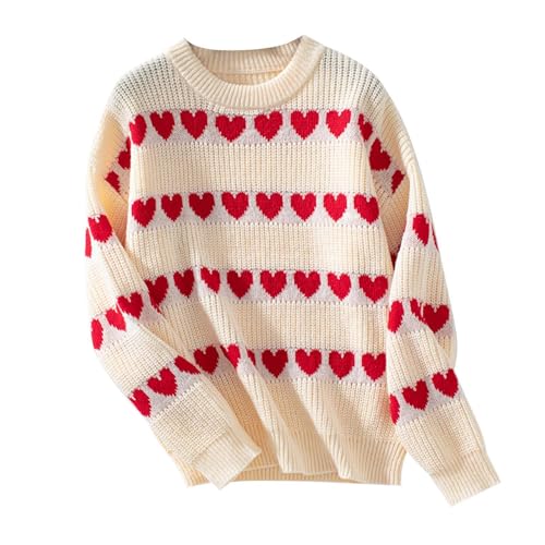 Allbestop Modischer - Winterpullover mit Liebesmuster Rundhalsausschnitt, langärmelig, lässiger Pullover, Strickpullover Hoodie Damen (Beige, M) von Allbestop