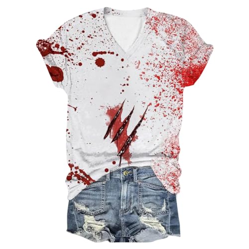 Allbestop Problem Solved Shirt Halloween Shirt Horror Leicht T-Shirt Tops Oberteil Casual Shirts Sweatshirt Weiblich Kurzarm Entsetzen Blutige HandabdrüCke T Shirt Halloween KostüM Tees Frauen von Allbestop